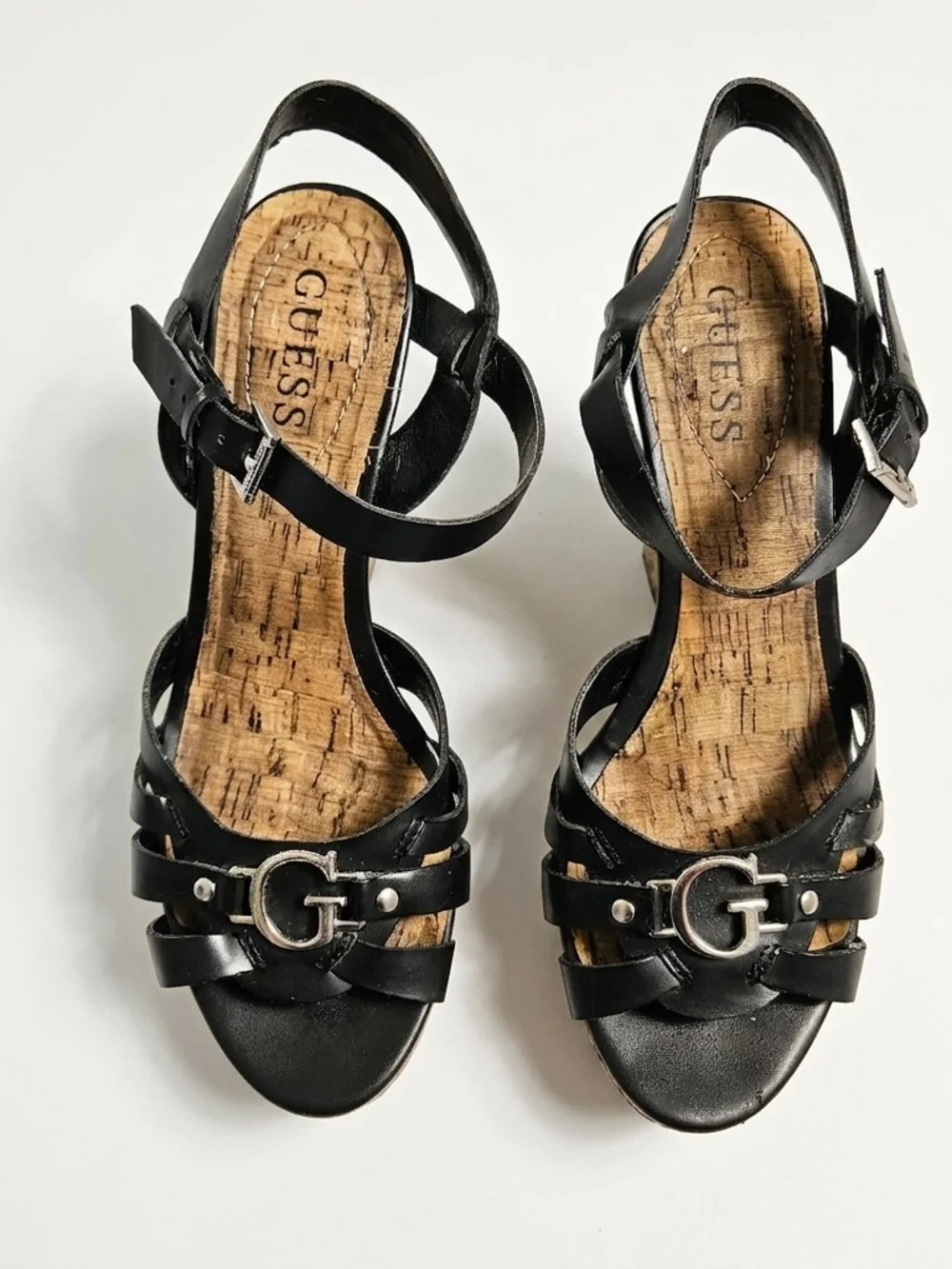 Guess Black Strappy Cork Platform Wedge Sandals Silver G Logo Size 8